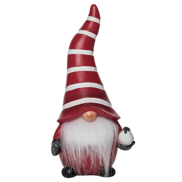 The Gnome: White Striped Hat Resin Gnome with Fluffy Beard Holding a Bird (8.25) is a charming Scandinavian-inspired Christmas decoration, perfect for festive holiday decor.