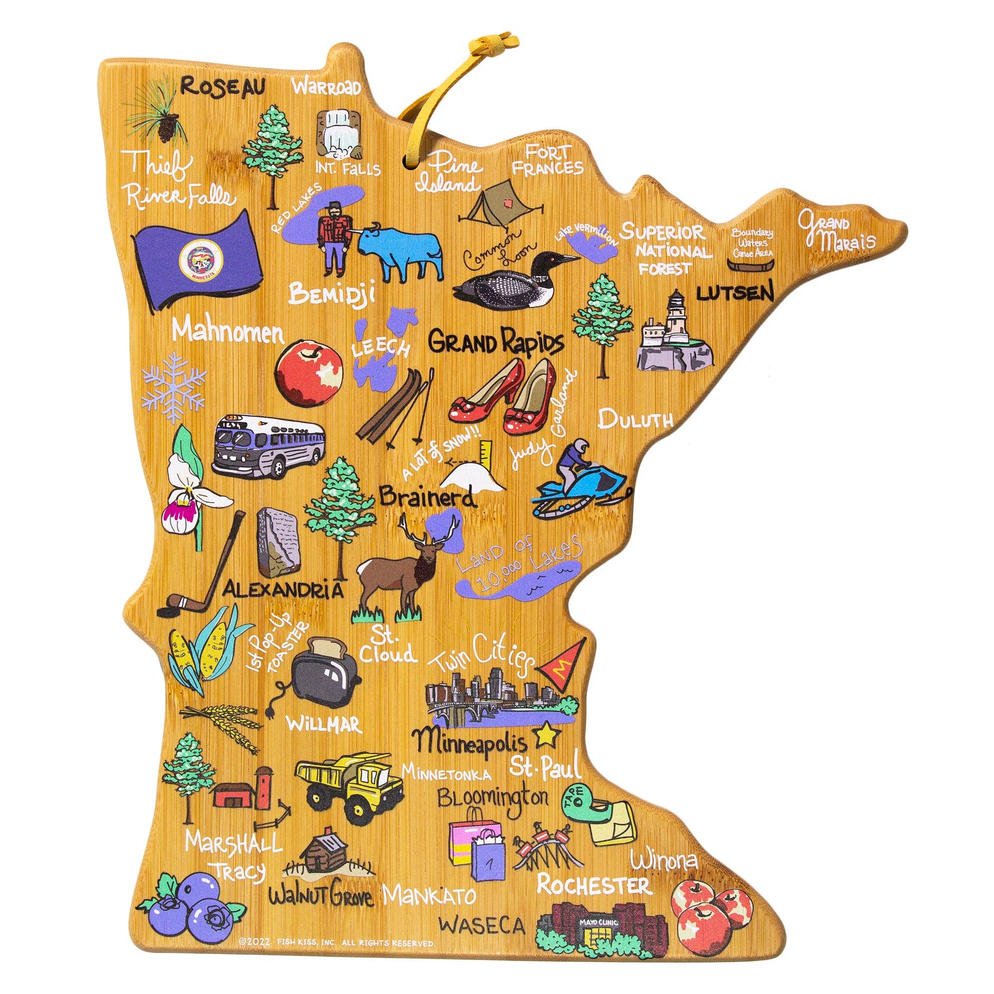 The Minnesota Cutting Board with Artwork by Fish Kiss™ is an illustrated wood cutout shaped like the state of Minnesota, featuring icons such as the Minnesota Wild logo, landmarks, wildlife, and cities including Minneapolis, Duluth, and Rochester. It showcases vibrant drawings and labels for a captivating display of local pride.