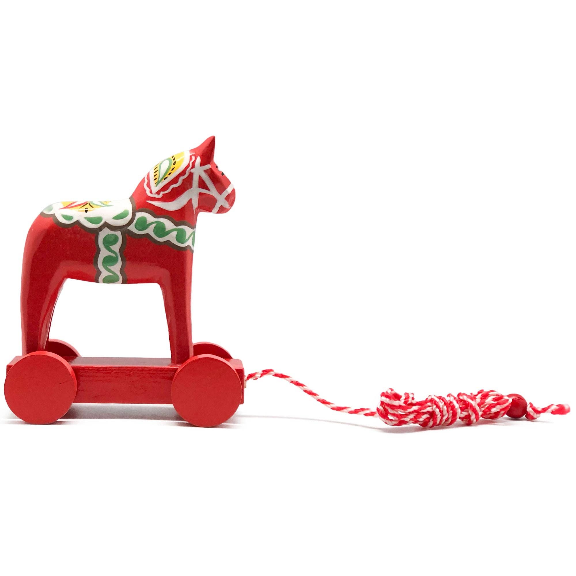 Swedish Horse Themed Pull Toy Dala Horse, a red wooden pull toy adorned with intricate floral patterns that captures Scandinavian charm.