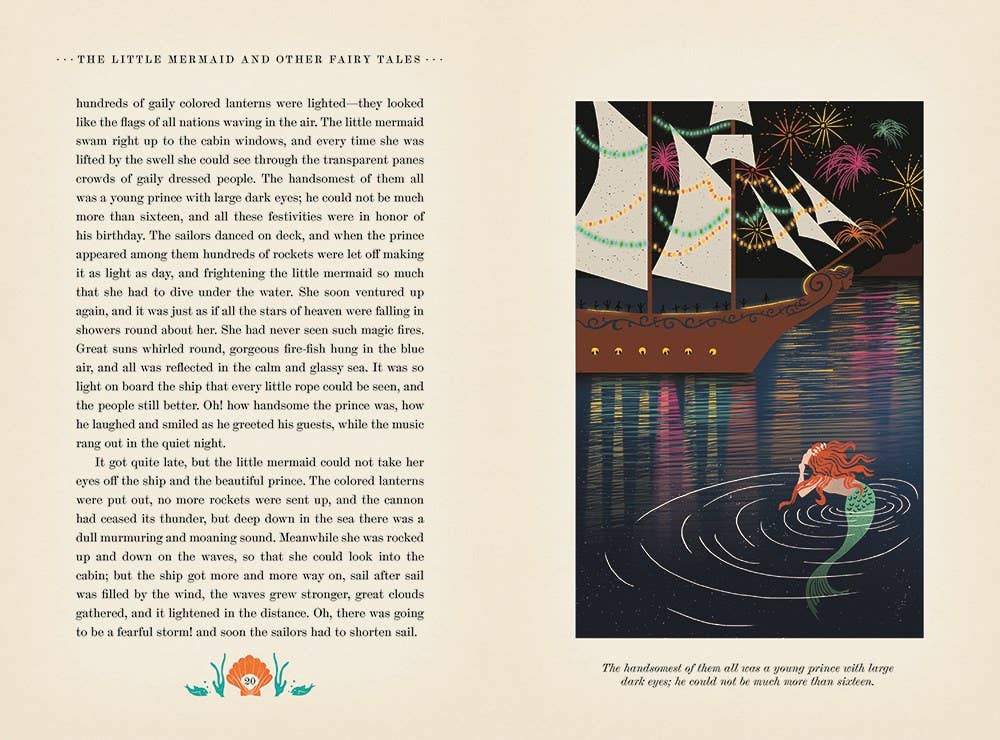 Product features a mermaid waving near a sailing ship with people on deck, fireworks in the night sky, and design details inspired by Hans Christian Andersen fairytales.