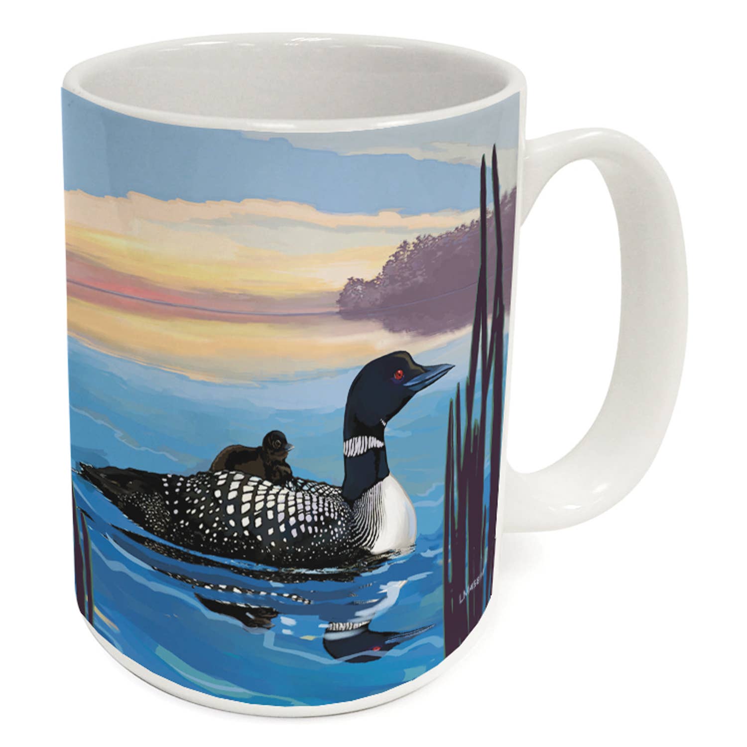 The "Loon Lake" 15 oz. Decorative Ceramic Mug showcases a painted design of a loon swimming with a chick on a serene lake at sunset. It's dishwasher safe, merging aesthetic appeal and functionality for daily use.