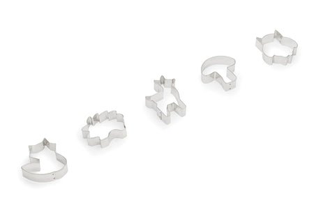 The Cookie Cutters: Woodland Animal Set of 5, featuring delightful shapes including a charming fox, are displayed in a row on a white background, ideal for infusing your holiday baking with a touch of woodland charm.