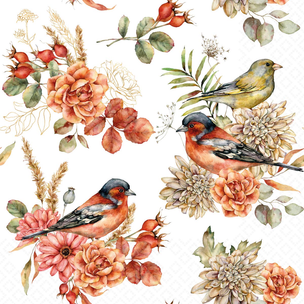 Watercolor illustration of two birds on autumn flowers and leaves, set on white—perfect for Napkins: Bird Song Fall with Flowers Lunch Napkins Pkg of 20 (6.5"x6.5") for beautiful Thanksgiving or fall gatherings.