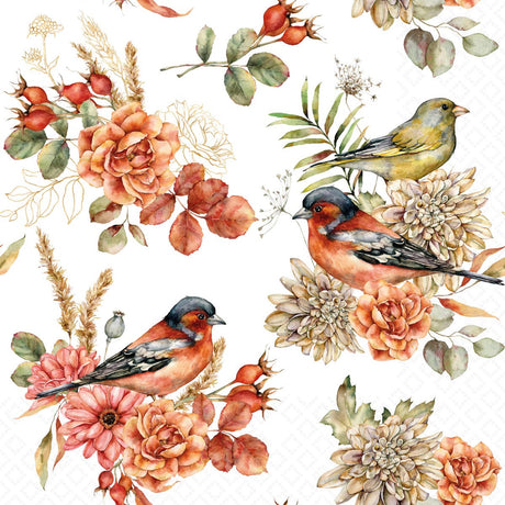 Watercolor illustration of two birds on autumn flowers and leaves, set on white—perfect for Napkins: Bird Song Fall with Flowers Lunch Napkins Pkg of 20 (6.5"x6.5") for beautiful Thanksgiving or fall gatherings.