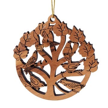 Ornament: Tree of Life with Birds, a circular piece made from fine Olive Wood, showcases intricately detailed carved birds perched among leaves and hangs elegantly from a string.