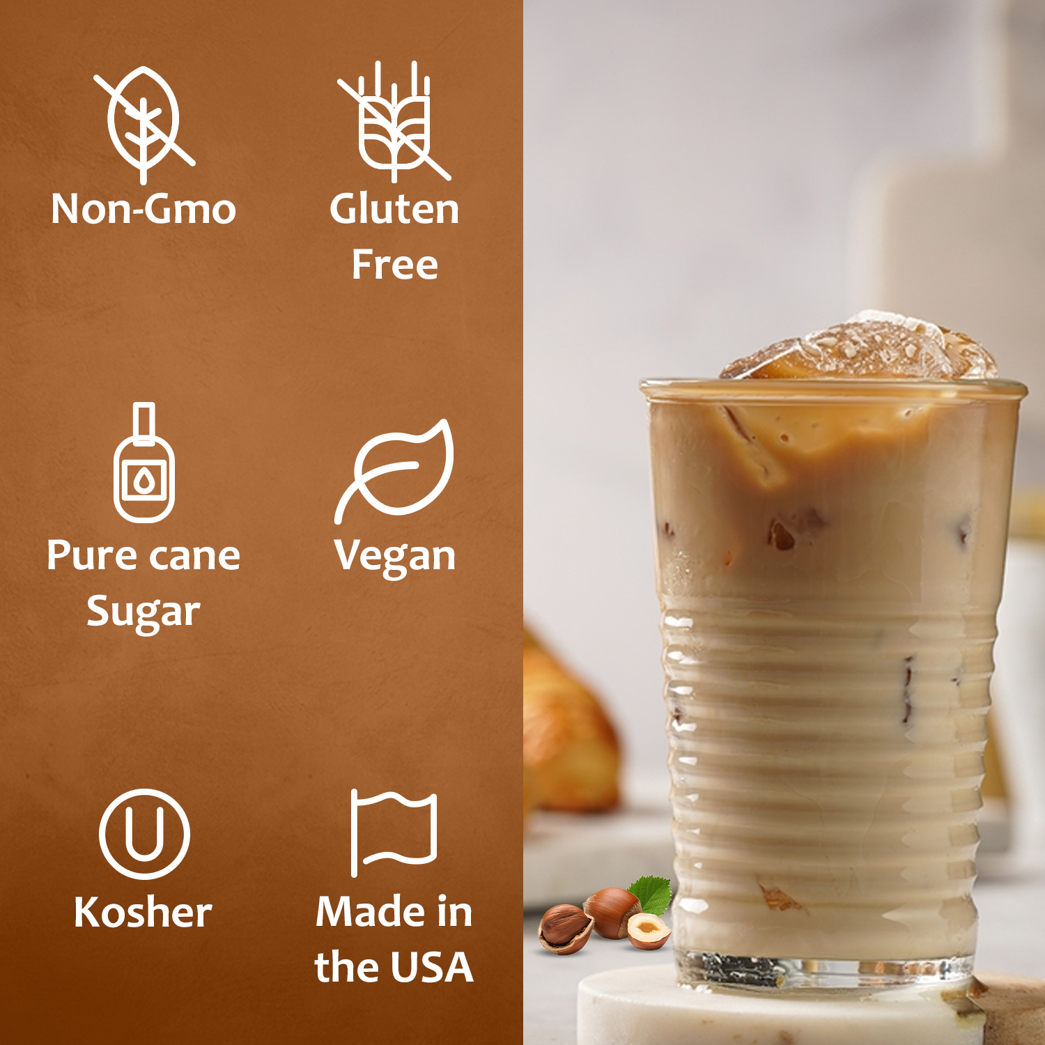 A glass of iced coffee sits beside icons and text showing Syruvia Hazelnut Coffee Syrup is gluten-free, vegan, non-GMO, kosher, made in the USA with pure cane sugar—perfect for pairing with your favorite drinks.