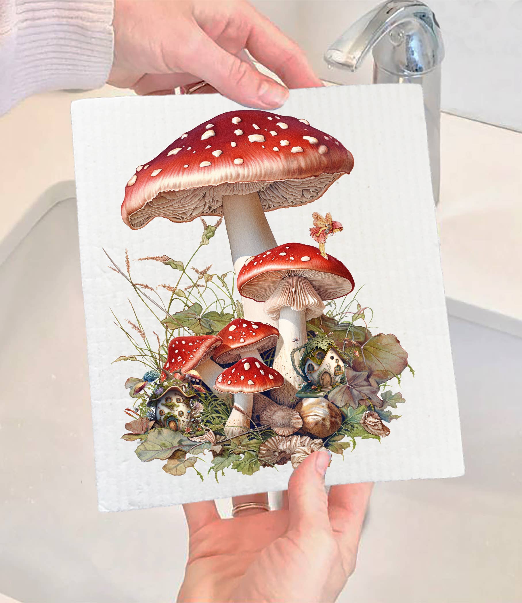 A person holds the Swedish Dish Cloth: Red & White Mushrooms Faires, featuring red mushroom designs, lush foliage, and a butterfly pattern by the sink. This eco-friendly, biodegradable product merges functionality with environmental care.