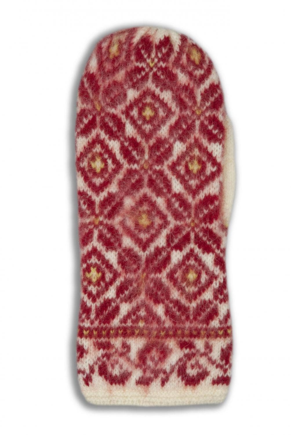 The Moliden Knitted Mitten for adults, made of Shetland wool, showcases a red and cream geometric pattern when viewed from the front.