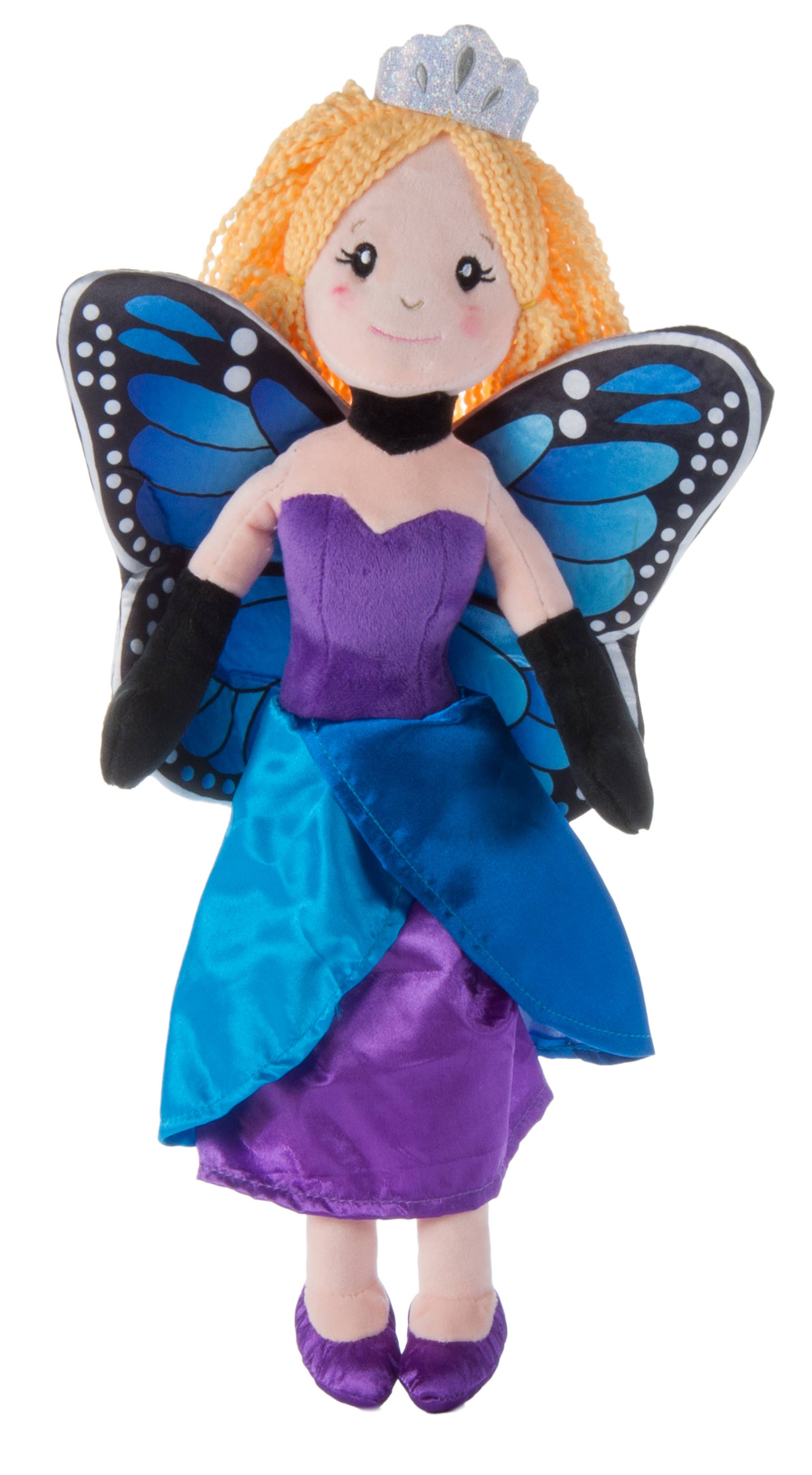 The eco-friendly Plush: Princess Butterfly Doll 17" showcases blonde yarn hair, a tiara, butterfly wings, and a shimmering purple and blue dress.