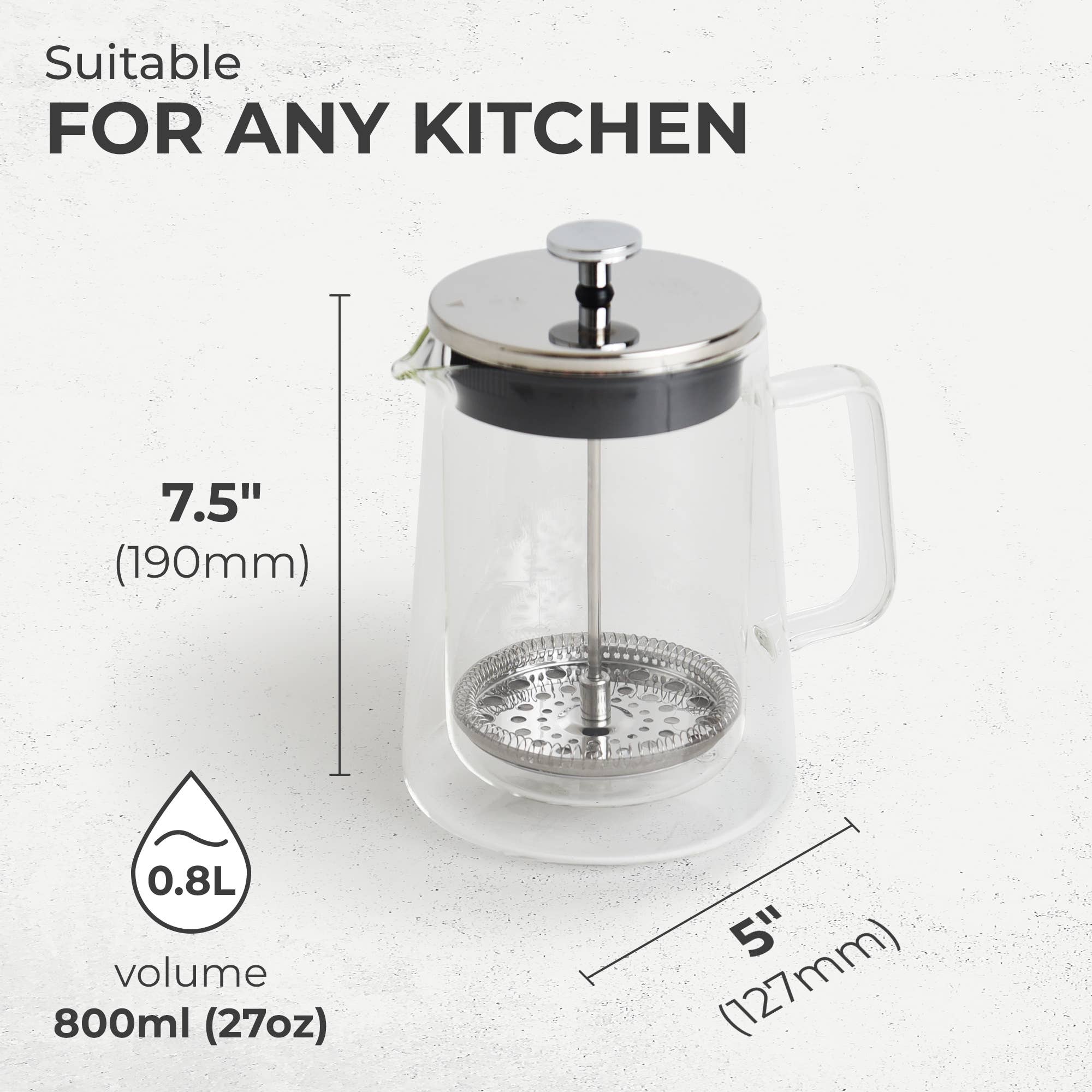 The Kaffe French Press Coffee Maker features double-wall borosilicate glass, a metal lid and plunger, measures 7.5" tall by 5" wide, and holds 0.8L (800ml/27oz).