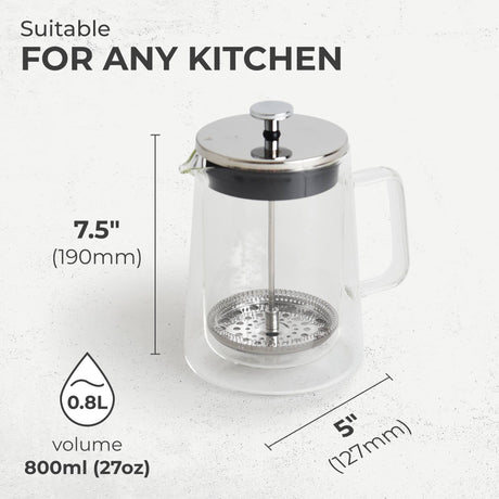 The Kaffe French Press Coffee Maker features double-wall borosilicate glass, a metal lid and plunger, measures 7.5" tall by 5" wide, and holds 0.8L (800ml/27oz).