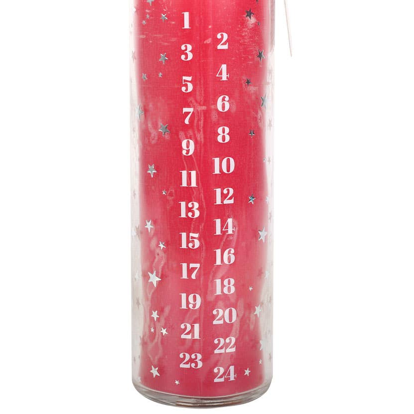 The Red Vanilla Christmas Advent Tube Candle, made from vegan paraffin wax, is numbered 1 to 24 and features decorative silver stars with a subtle vanilla scent.