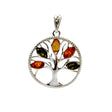 This Pendant: Multi-Color Amber Sterling Silver Tree Of Life Pendant features a tree adorned with multicolored Baltic amber stones set in the leaves against a white background.