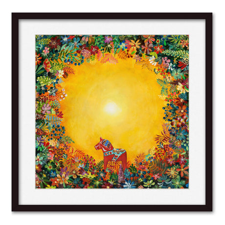 “Print: Light of Grytnäs by Swedish artist Nadja Wedin features a vivid Dala horse in a floral clearing under a bright yellow sun, showcasing her charming Scandinavian style in this vibrant art print.”.