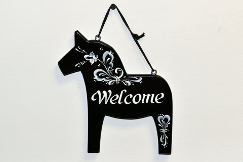 Sign: "Welcome" Black Dala Horse Flat