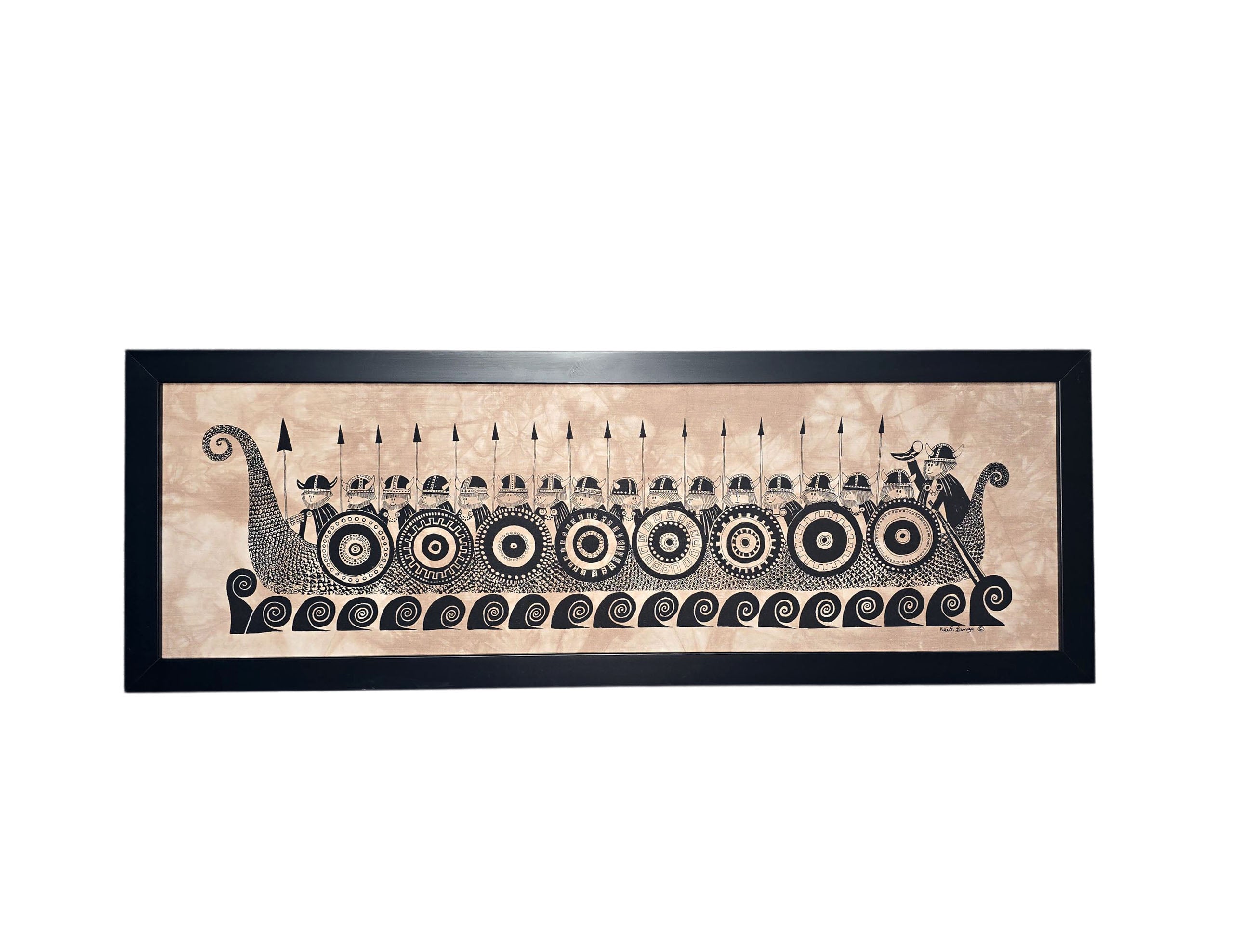 Artwork: Vikings in Long Boat Framed Batik Artwork 34x12 features stylized warriors with shields and spears aboard a dragon-headed longship, inspired by Viking batik art, set on a beige background.