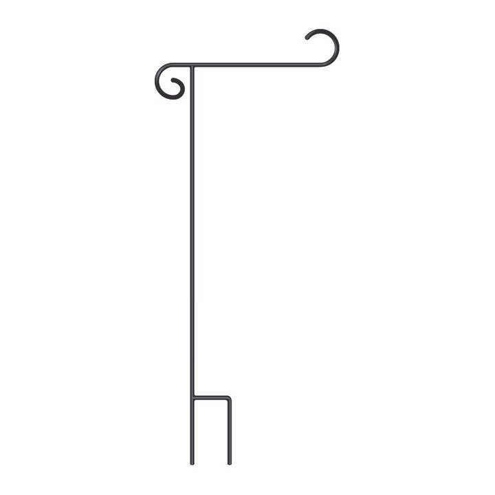 The 44 Deluxe Black Garden Flag Hardware Metal Pole is made from weather-resistant steel, with a hook at the top and a two-pronged base—ideal for displaying outdoor flags.