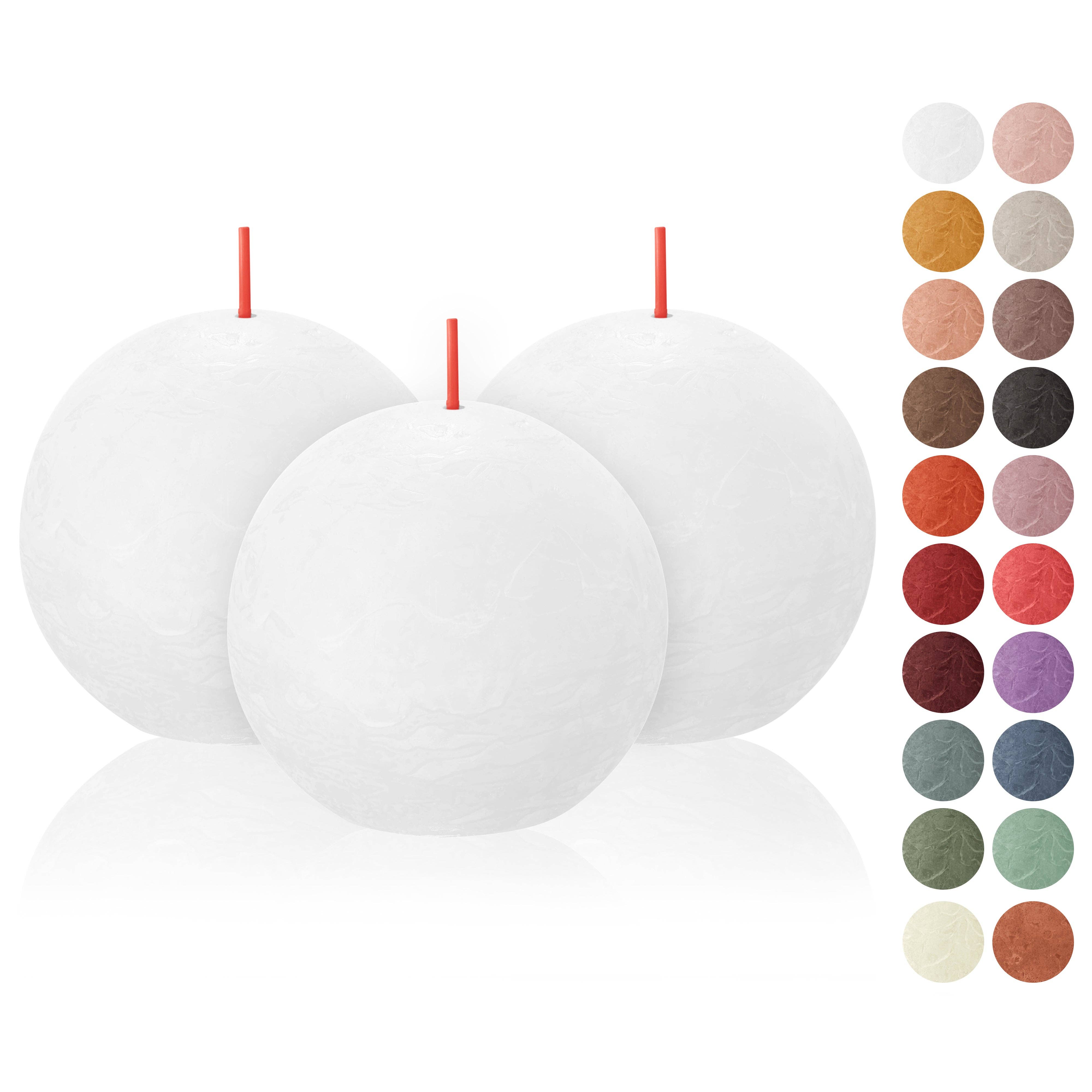 Three Ash Rose rustic 3-inch ball candles, made from eco-friendly, plant-based wax with red wicks, are displayed amidst a selection of 24 different colors.