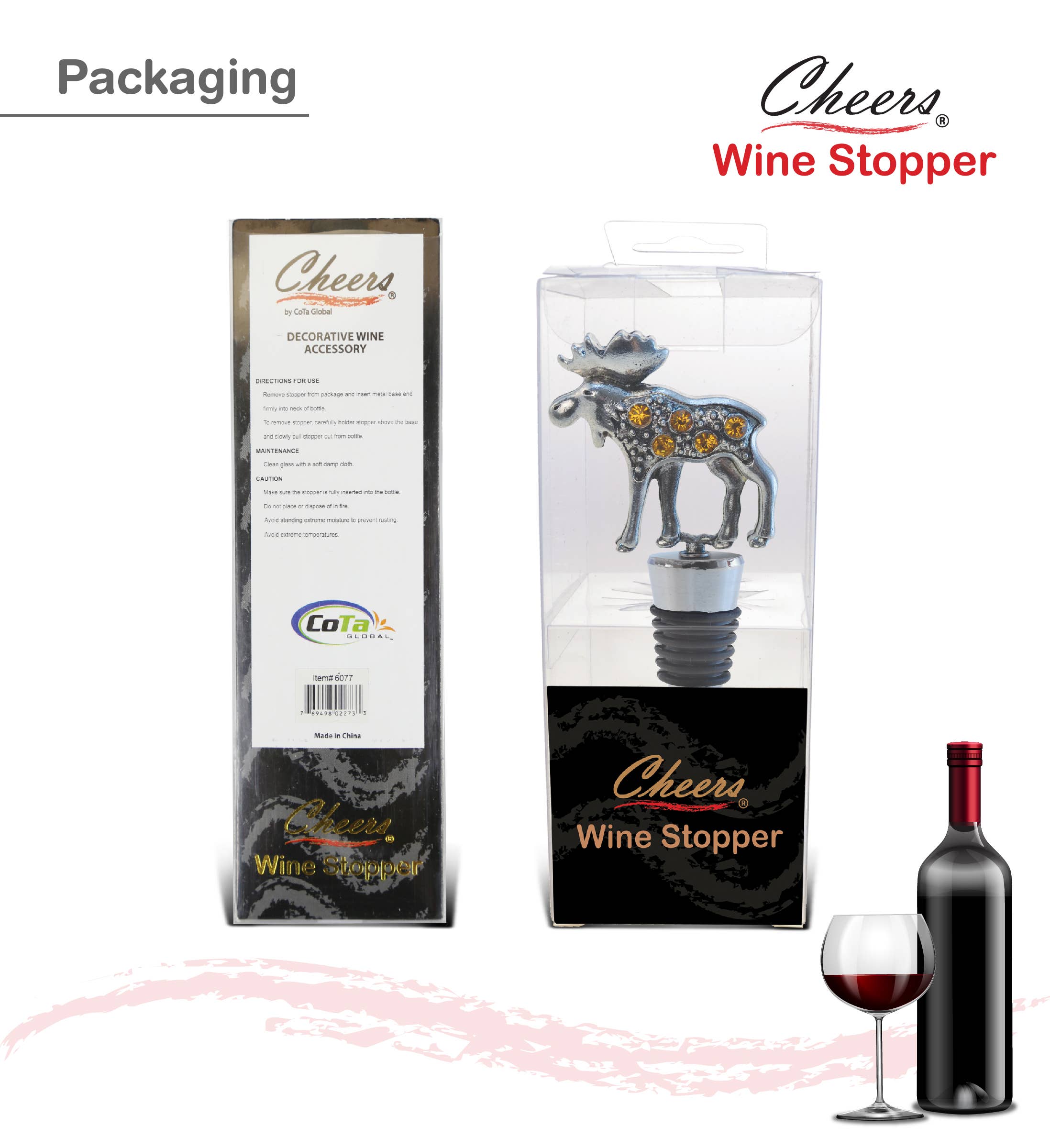 Packaging of the Wine Stopper: Metal Moose Wine Stopper, featuring a decorative moose design, displayed both in its box and next to an illustration of a wine bottle and glass.