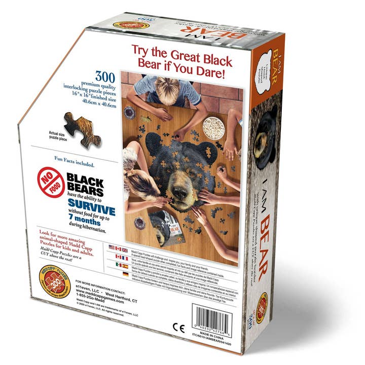 The Puzzle: I Am Bear - Shaped Jigsaw (300 Pieces) offers a challenging and intricate bear head design, with its box providing educational fun facts about black bears to enhance the experience.