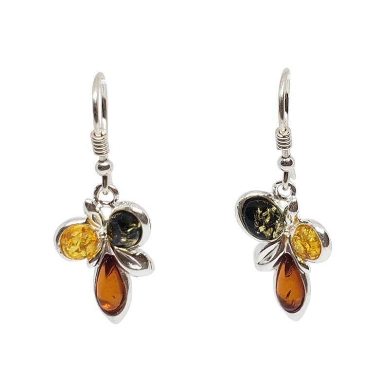 Sterling silver earrings with dangling Baltic amber stones in yellow, green, and brown shades, elegantly crafted in a floral design.