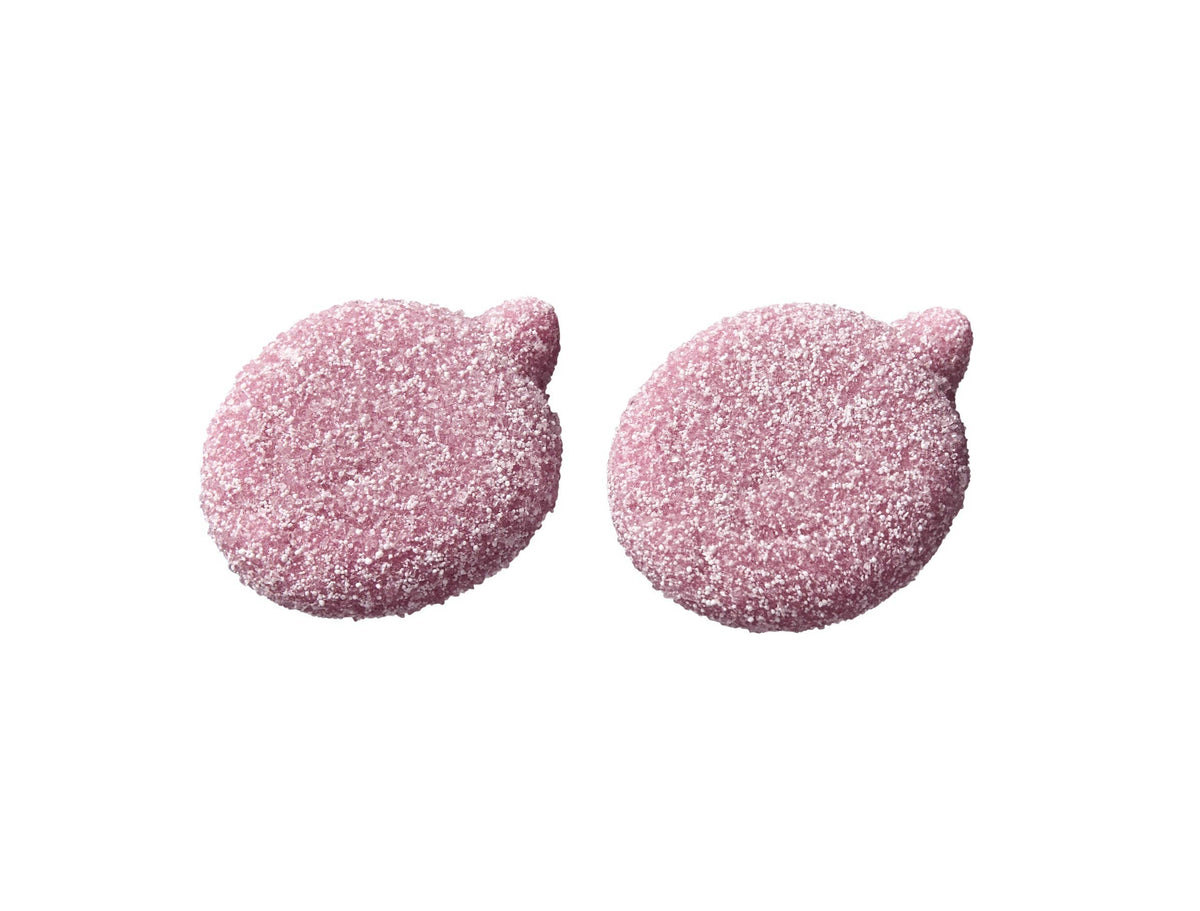 Two round, sugar-coated, pink apple-shaped gummies with small stems.
