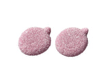 Two round, sugar-coated, pink apple-shaped gummies with small stems.
