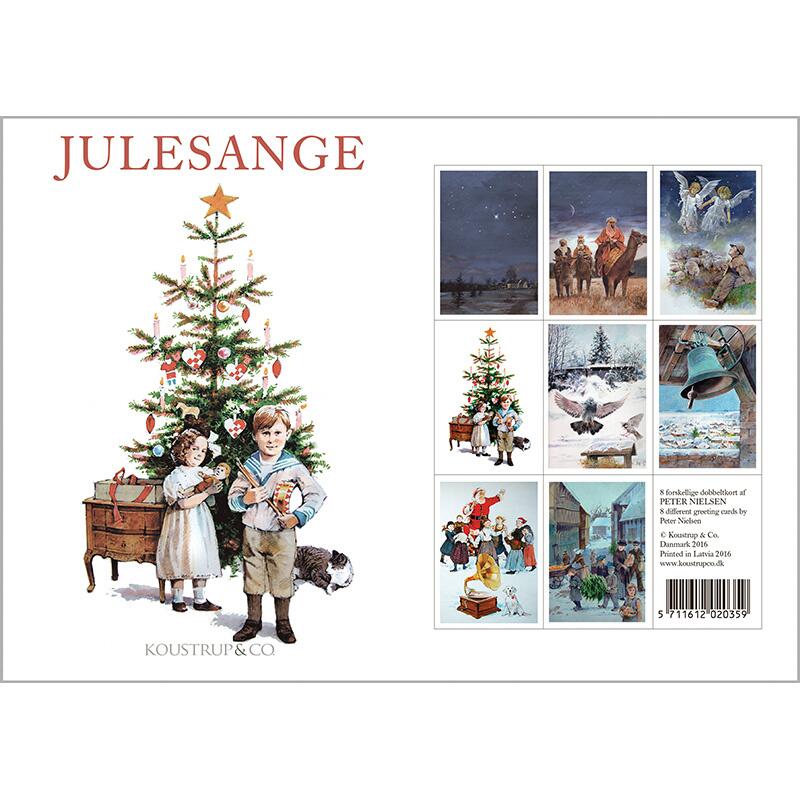 Cover of the Card Pack: Julesange ogJulesalmer showcasing a decorated Christmas tree, two children playing instruments, and nine holiday-themed illustrations on the right. This set includes environmentally certified Christmas cards, ideal for sending warm holiday wishes.