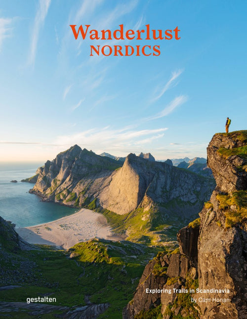 In the book "Wanderlust Nordics," the cover is inspired by Cam Honan's favorite hiking routes and showcases a lone hiker standing on a cliff, gazing over the stunning coastal mountain scenery of the Nordic countries.
