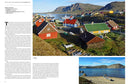 The book "Wanderlust Nordics" features a scenic coastal village with colorful houses dotting the hillside, offering sweeping views of a bay set against a mountainous backdrop. Ideal for hiking enthusiasts, the region promises awe-inspiring vistas. A smaller image in the book depicts a peaceful Nordic beach scene with an individual near the shoreline, encapsulating a moment of tranquil beauty.