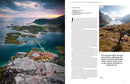 An aerial view of a Nordic coastal village nestled within its surrounding landscape on the left, while on the right, a hiker navigates rugged trails. Drawing inspiration from Cam Honan's routes featured in *Wanderlust Nordics*, text is displayed above the adventurer.