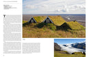 Two images: The top image features grass-roofed houses harmonizing with a Nordic landscape, perfect for trekking adventures. The bottom image showcases a glacier elegantly extending through a mountain range. Text on the left possibly highlights insights from Cam Honan, as found in the book "Wanderlust Nordics.