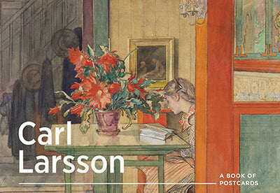 A woman in a striped dress is engrossed in her reading at a table adorned with a vase of red flowers. The room, embodying Swedish folk traditions, features hats on the wall and Art Nouveau artwork, including a small framed painting. The text reads "Post Card: Carl Larsson — A Book of Postcards.