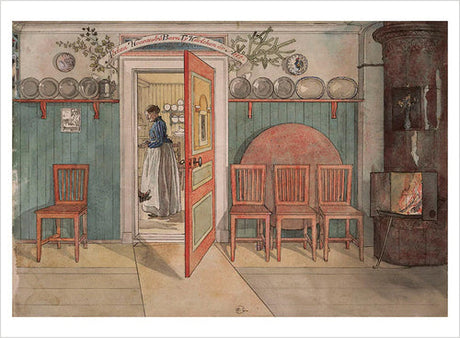 A cozy room with wooden chairs, a red stove aglow with fire, and a doorway open to reveal a woman in an apron working in the next room. Plates line a shelf above green-paneled walls, capturing the charming interiors depicted by renowned Swedish painter Carl Larsson—like those featured in Skandisk’s "Post Card: Carl Larsson — A Book of Postcards.
