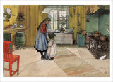 Two girls stand reading in a cozy, vintage kitchen with yellow walls, a wood stove, and a red chair. Sunlight streams through a window above the table as a cat strolls near the stove. This enchanting scene evokes the timeless charm found in Post Card: Carl Larsson — A Book of Postcards by Skandisk, capturing the inviting spirit celebrated in the beloved Swedish artist’s work.