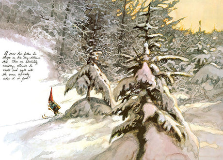 A charming scene from "Book: Gnomes Introduction by Brian Froud Text by Wil Huygen Illustrated by Rien Poortvliet" (Abrams) shows a red-hatted gnome with a sled in the snowy woods, paired with handwritten text that evokes an illustrated tale.