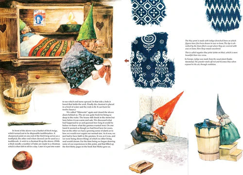 Illustrated page from Book: Secrets of the Gnomes, depicting gnomes doing household chores amid charming fabrics and items, with text describing their tasks and living conditions.