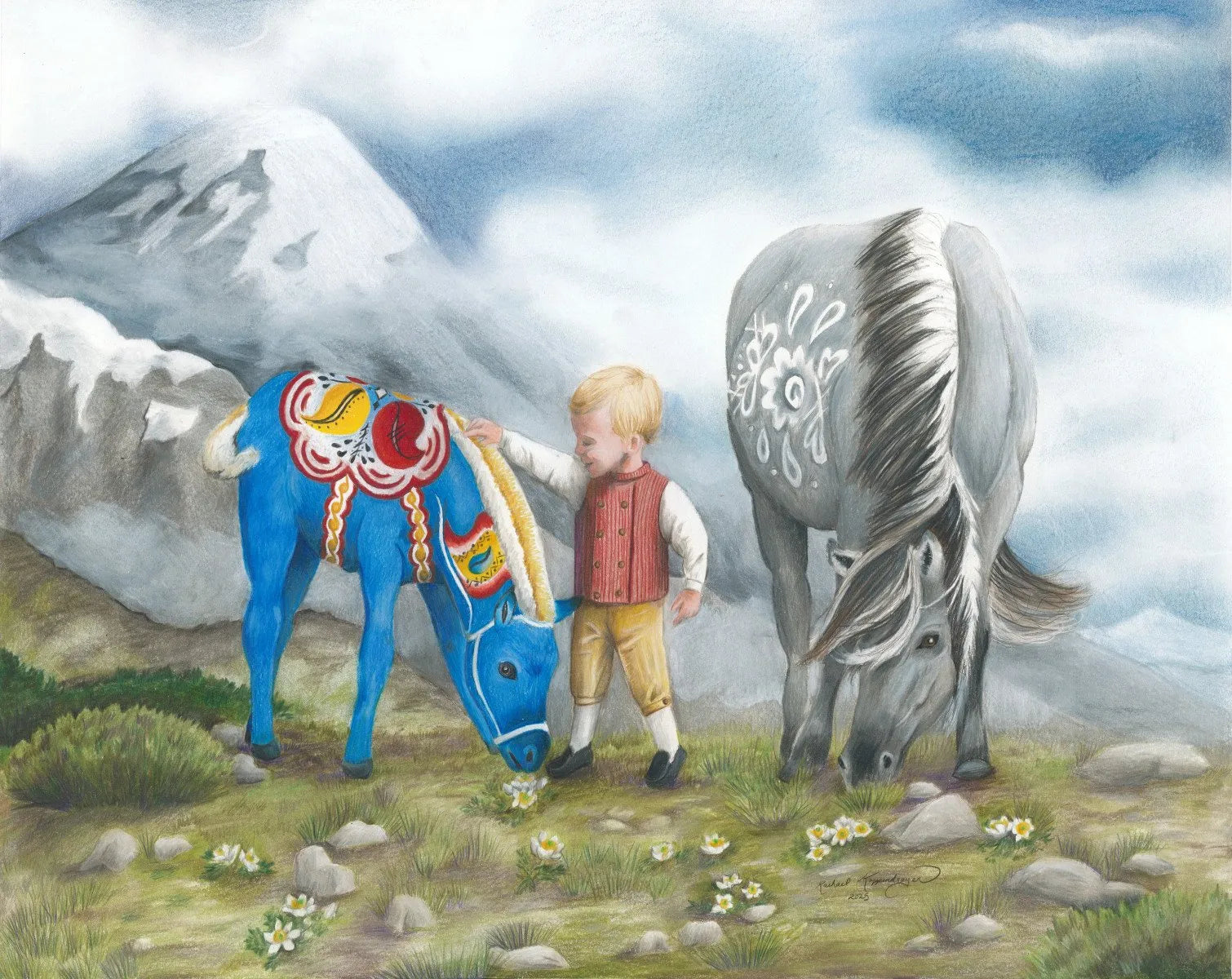 In the giclée print "A Boy and His Horse" by Rachael Koppendrayer, a child stands on grass between a blue donkey and a gray horse, with mountains and clouds in the background.