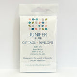 A white package labeled Juniper Blue contains a set of 8 "Tuli" Scandinavian Fox & Floral Folk-Art gift tags (2"x3.5") with envelopes—mini greeting notes designed in Duluth, MN and printed in the USA.