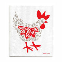 Set: Tea Towel & Dish Cloth: Hen- Gray & Red