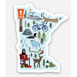 The Sticker: MN Icons is a beautifully illustrated vinyl map of Minnesota, highlighting iconic elements such as trees, a deer, fish, an ax-wielding person, a bike, camping gear, a canoe, and a boat. This sticker is durable and resistant to water and weather conditions—ideal for expressing your passion for the state no matter where you are.