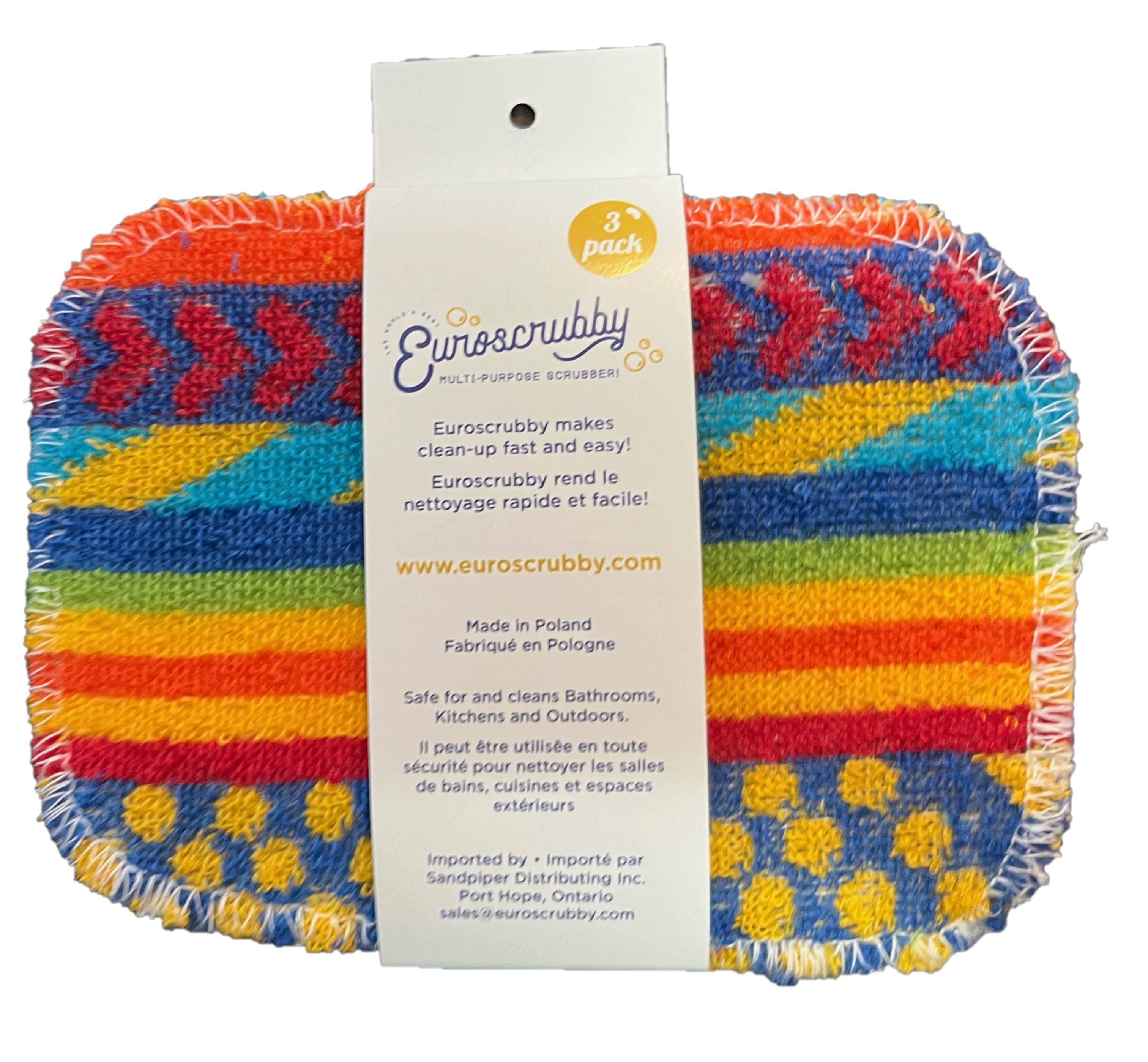 The Scrub Cloth: Euroscrubby Multi-Purpose Scrubber 3 Pack features vibrant stripes and arrows, is dishwasher safe for easy cleaning, and includes a label with essential info and a website URL for more details.