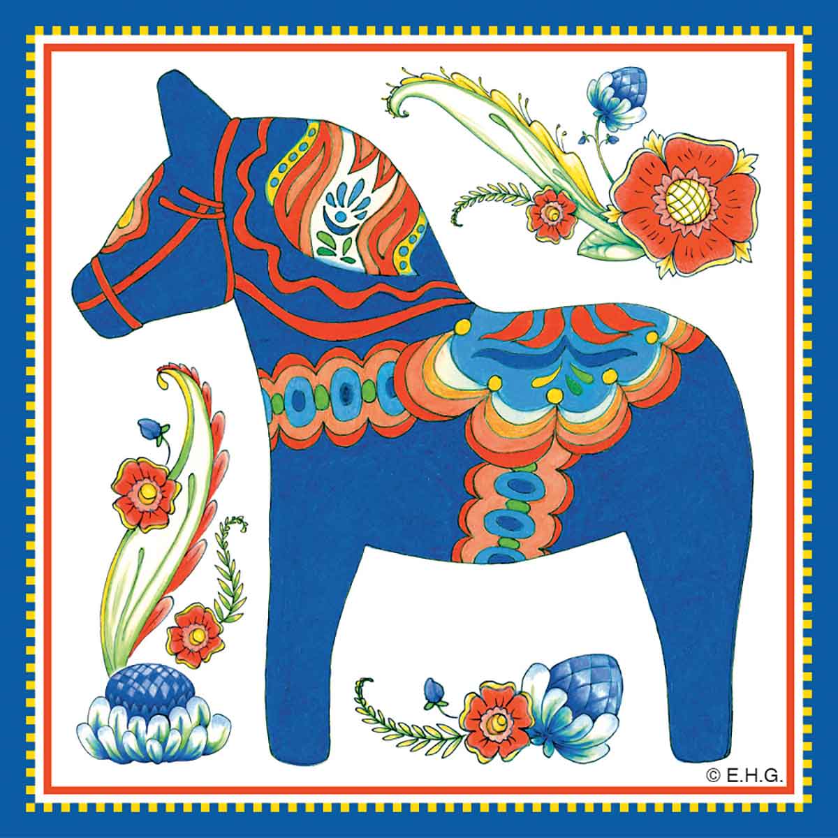 Tile: Blue Swedish Dala Horse Wall Tile Design 6x6 features a blue Dala horse with folk art patterns, surrounded by colorful flowers on white with a blue and yellow border—ideal as a ceramic plaque or decorative wall tile.
