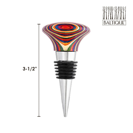 This vibrant wooden wine bottle stopper, part of the Marrakesh Collection, features a metal base and air-tight silicone rings, measuring 3.5 inches. It is decorated with the iconic Baltique logo in the upper right corner.