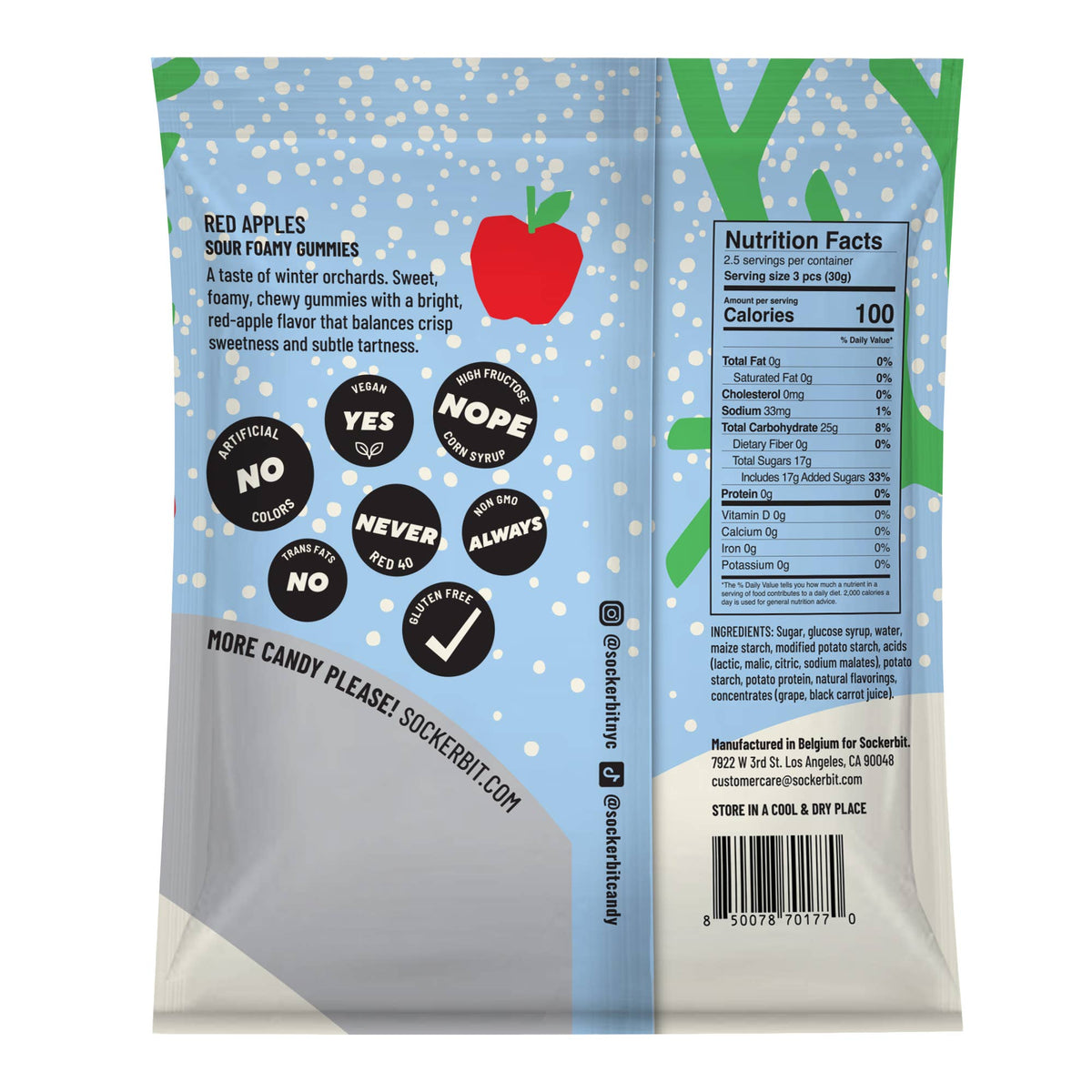 Back of an apple gummies bag displaying a nutrition facts label, ingredient list, and barcode.