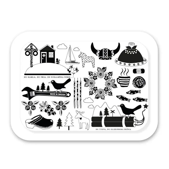 The Decorative Tray: Made in Sweden showcases black-and-white illustrations of Swedish icons like a Viking helmet, Dala horse, and scenic landscapes on sleek birch veneer.