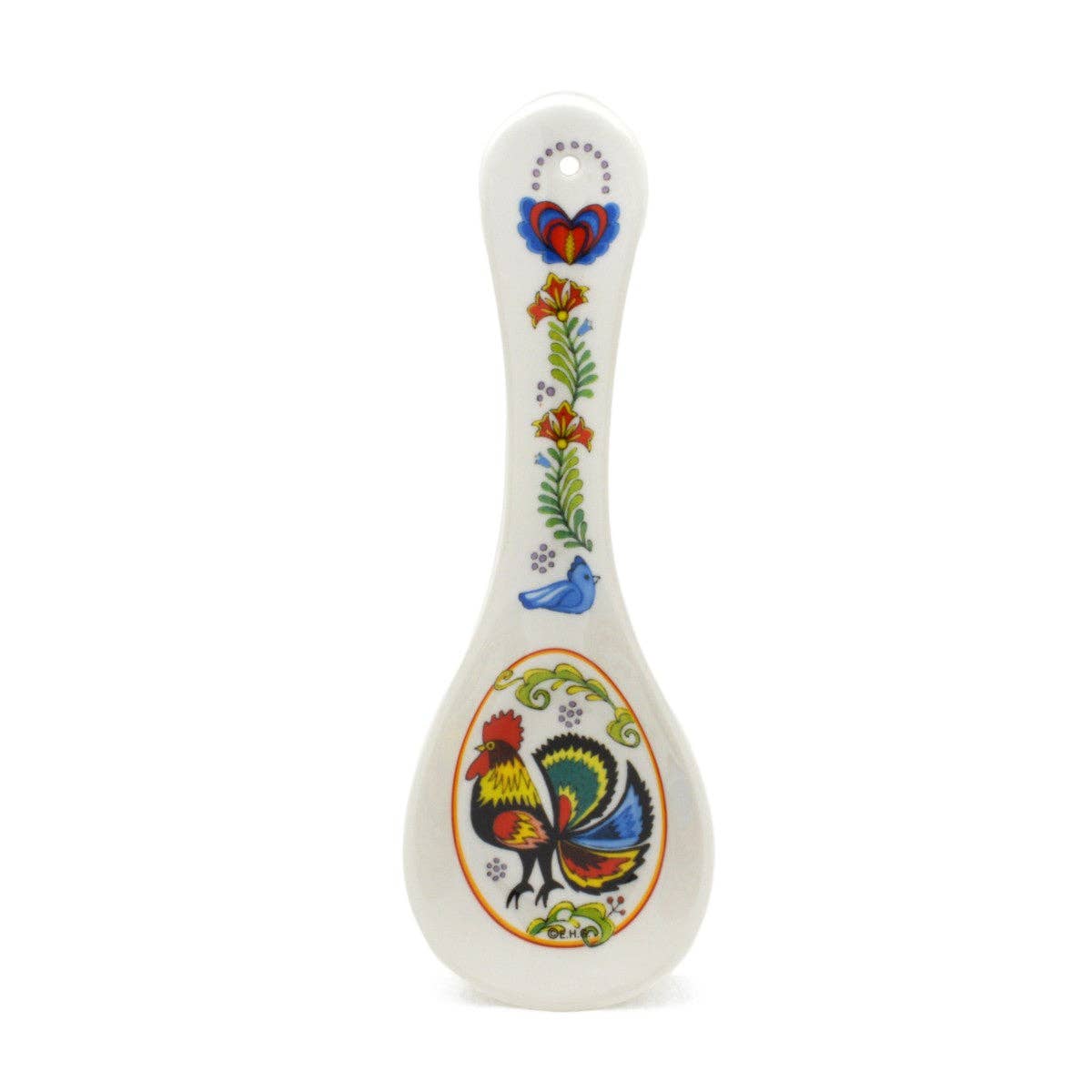 Spoon Rest: Rooster with Swedish Folk-Art Blue Bird and Flowers Ceramic