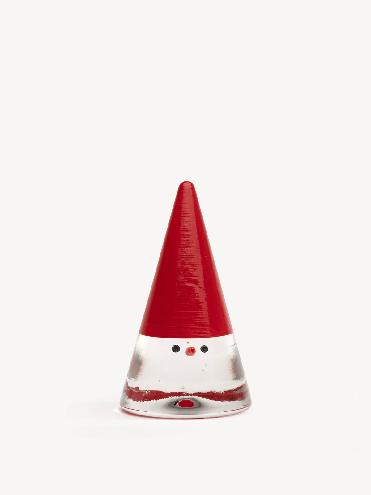 Clear glass cone-shaped gnome with a red hand-painted hat and facial features.