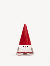 Clear glass cone-shaped gnome with a red hand-painted hat and facial features.