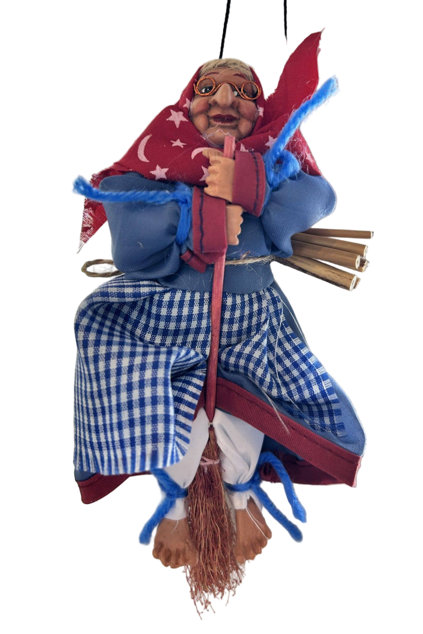 The Opalina Blue Kitchen Witch Doll – Broom Rider with Glasses (6" Tall) is a whimsical figurine of an elderly woman in apron and headscarf, holding a broomstick, handmade in Germany for charming kitchen protection.